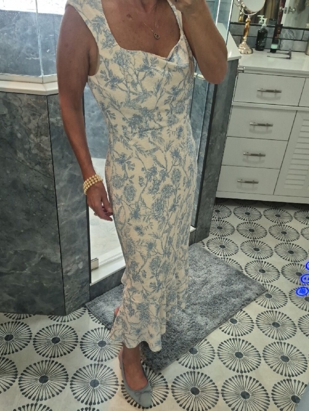 Hutch Feminine Blue Floral Square-Neck Midi Dress